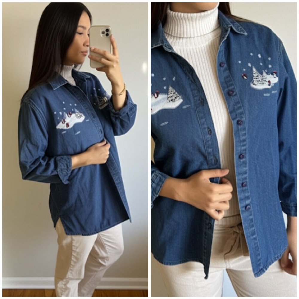 Vintage 90s Northern Reflections 100% Cotton Christmas Holiday‎ Denim Button Up